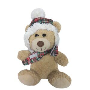 Hugfun Tan Teddy Bear Plaid Scarf Stocking Hat Plush 9.5 Inch